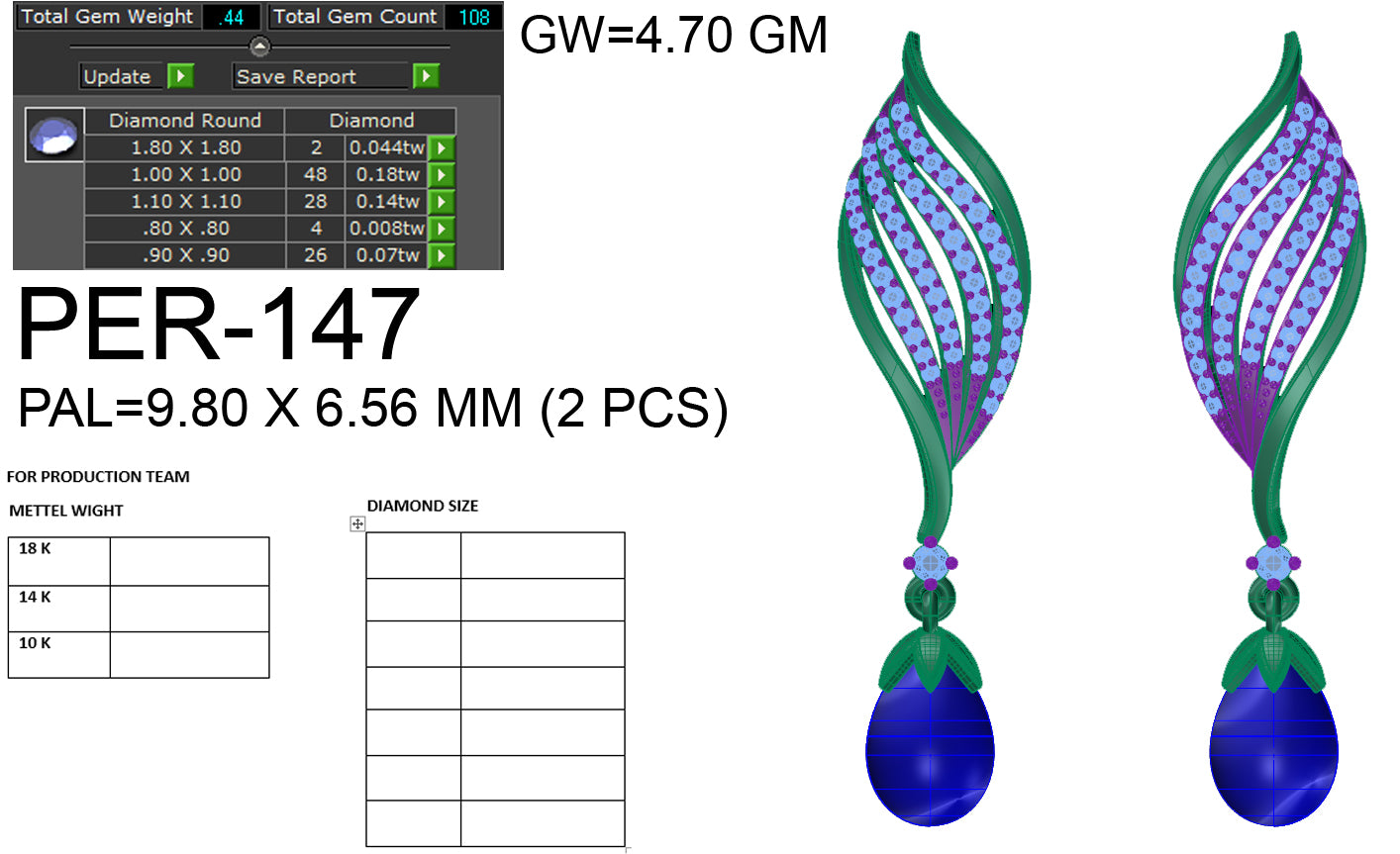 3D Jewelry Files Earring Model 3DM STL PER-147-DIA