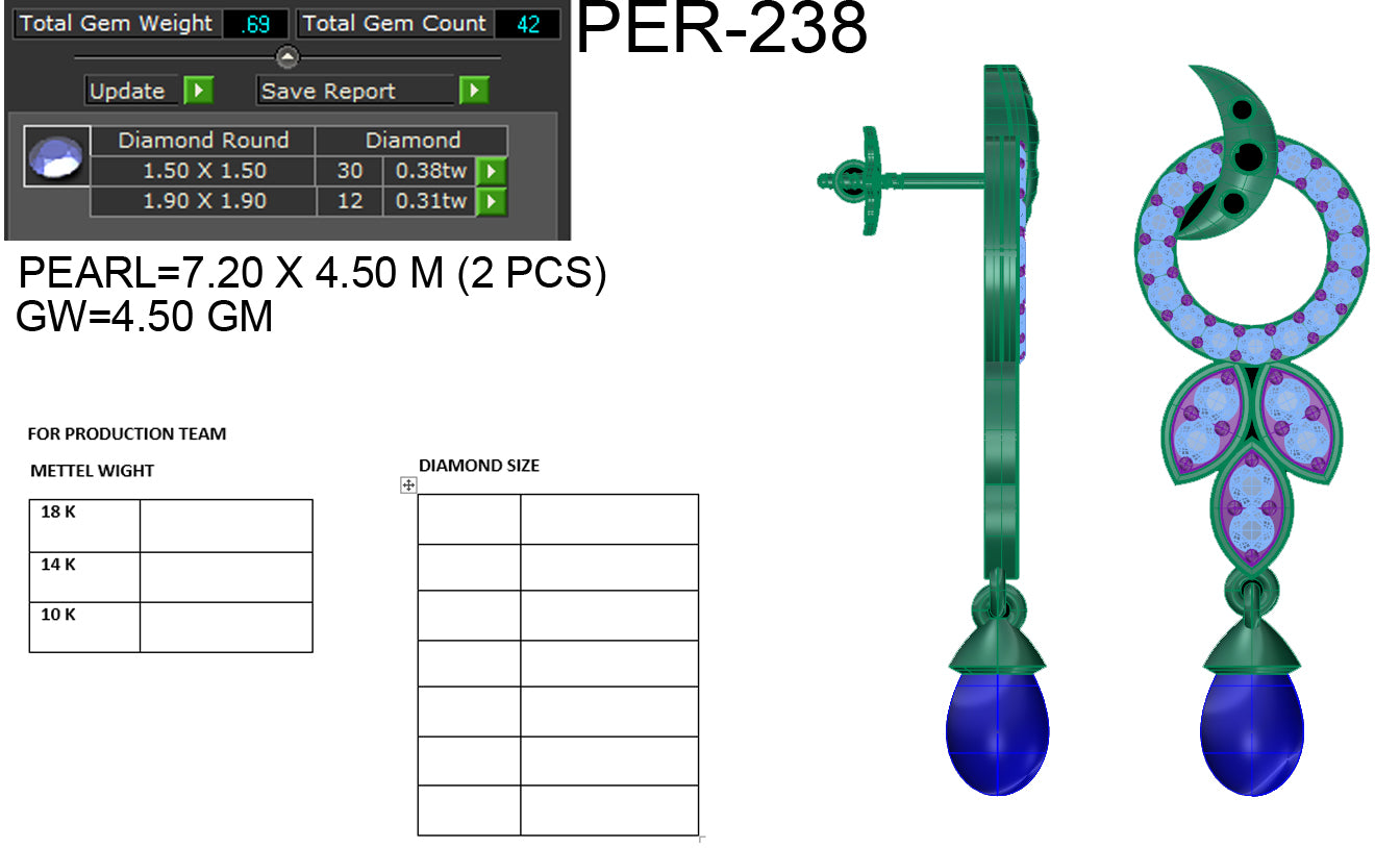 3D Jewelry Files Earring Model 3DM STL PER-238-DIA