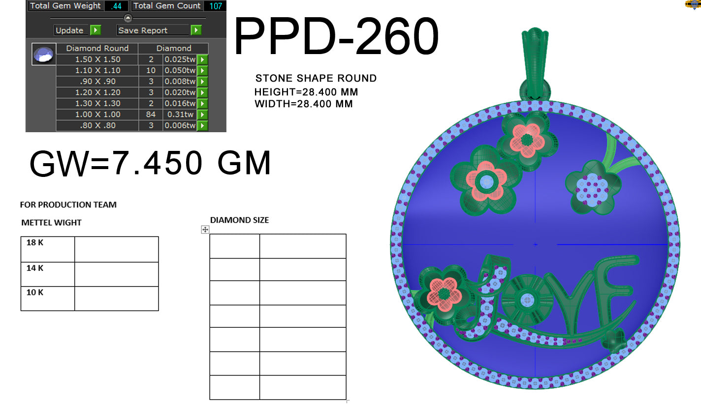 3D Jewelry Files Pendant Model 3DM STL PPD-260-DIA