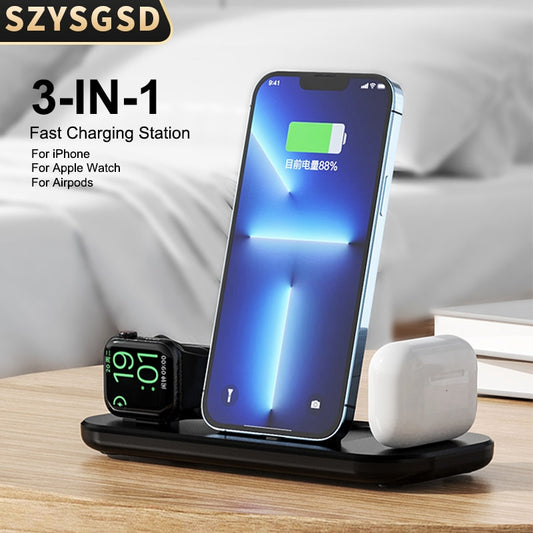 Get Your Devices Charged Fast with the 3 in 1 Wireless Charging Base - iPhone, Apple Watch, and Airpods All at Once!