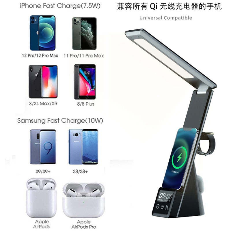 Stay Productive and Organized with the 15W 3 in 1 QI Wireless Charger LED Desk Lamp with Alarm Clock