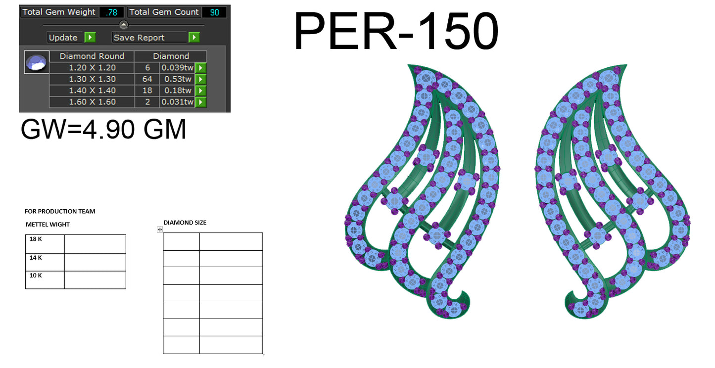 3D Jewelry Files Earring Model 3DM STL PER-150-DIA