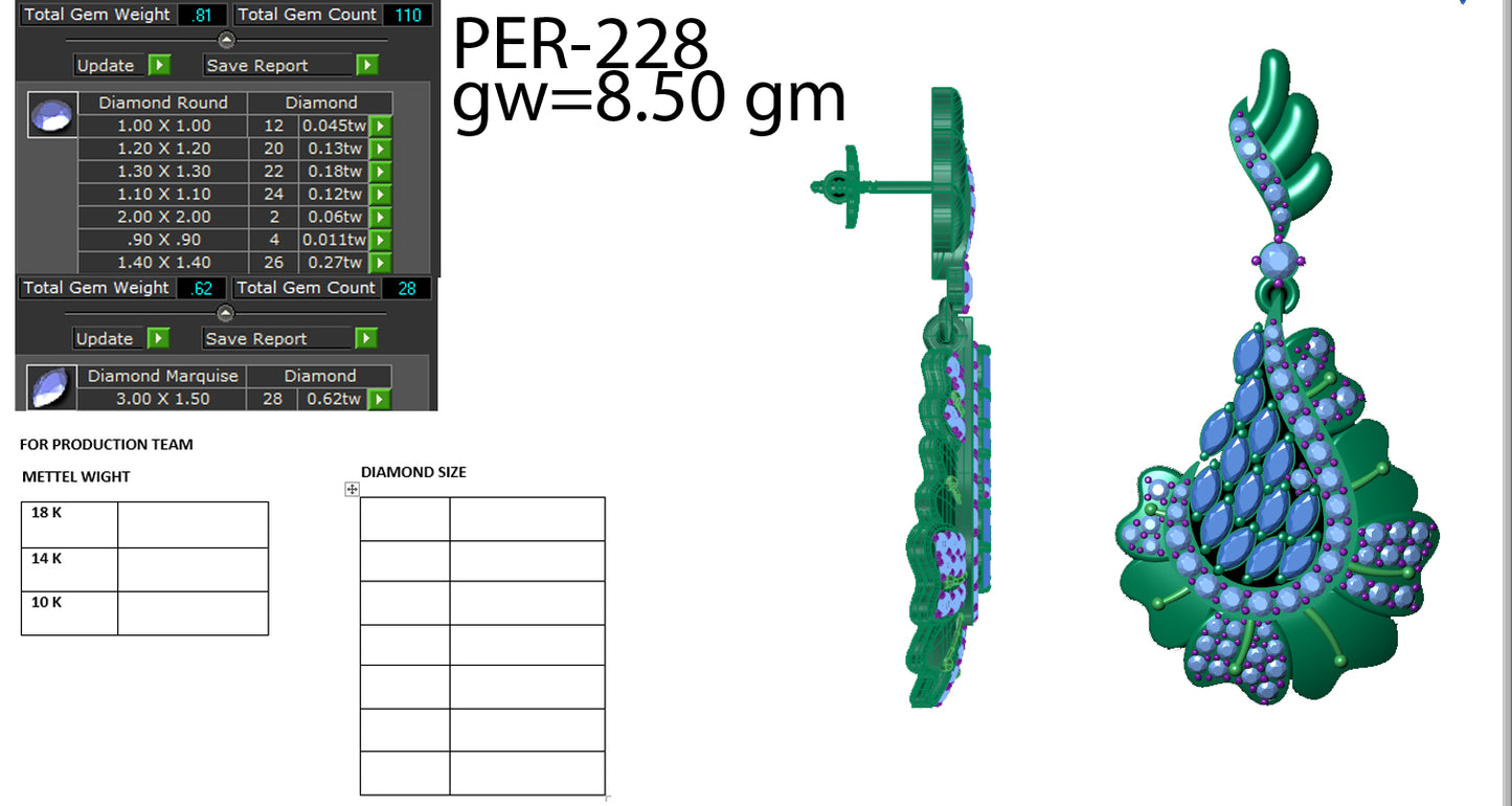 3D Jewelry Files Earring Model 3DM STL PER-228-DIA