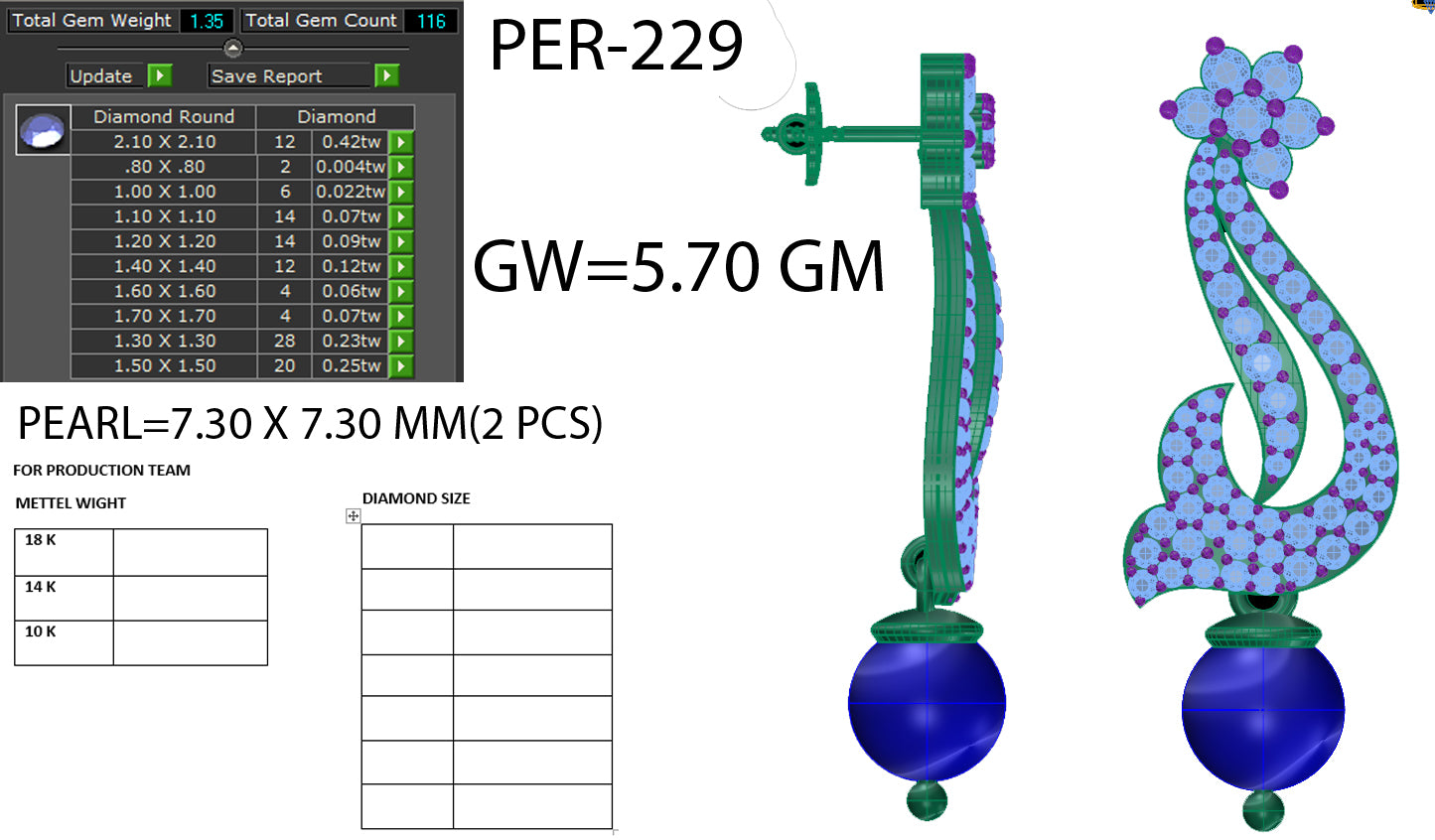 3D Jewelry Files Earring Model 3DM STL PER-229-DIA