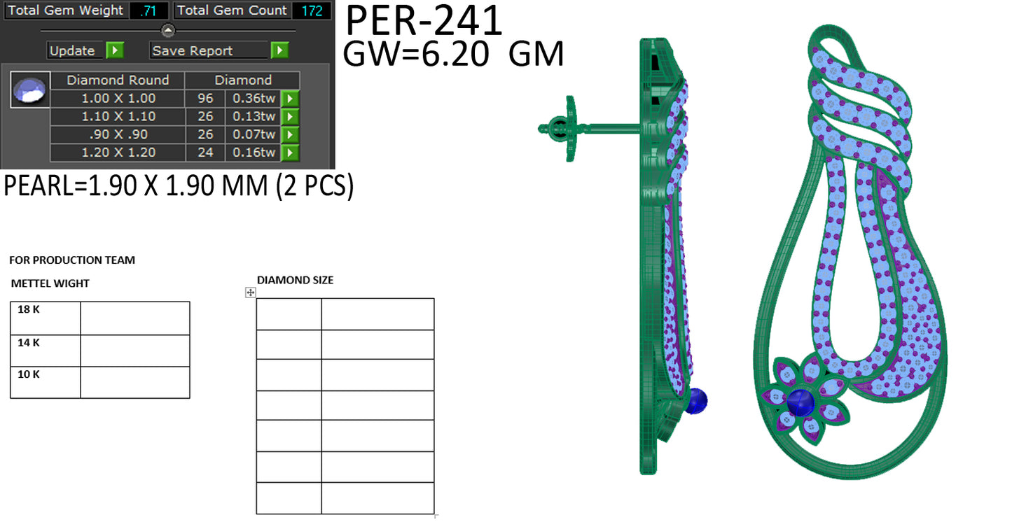 3D Jewelry Files Earring Model 3DM STL PER-241-DIA