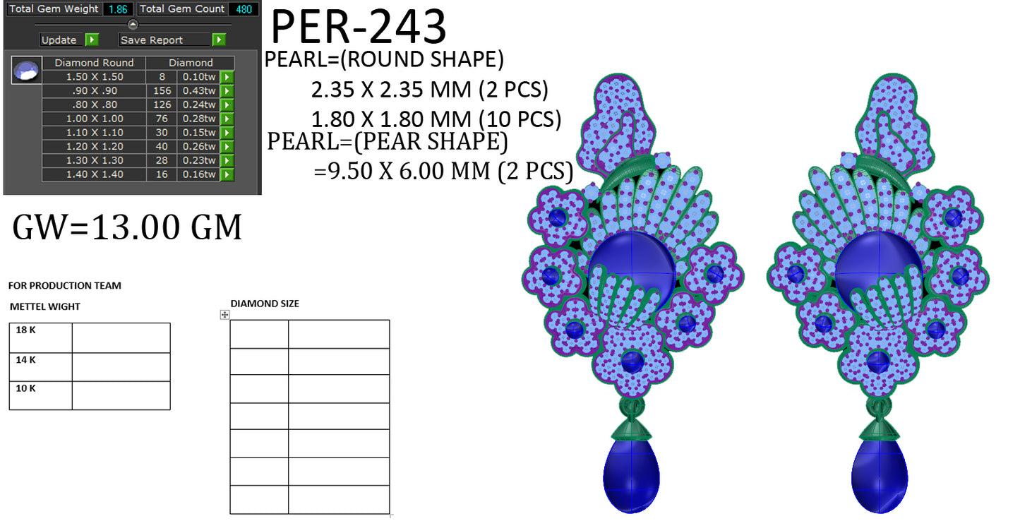 3D Jewelry Files Earring Model 3DM STL PER-243-DIA