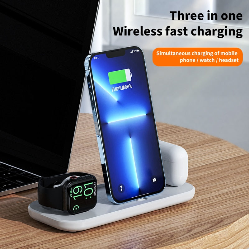 Get Your Devices Charged Fast with the 3 in 1 Wireless Charging Base - iPhone, Apple Watch, and Airpods All at Once!